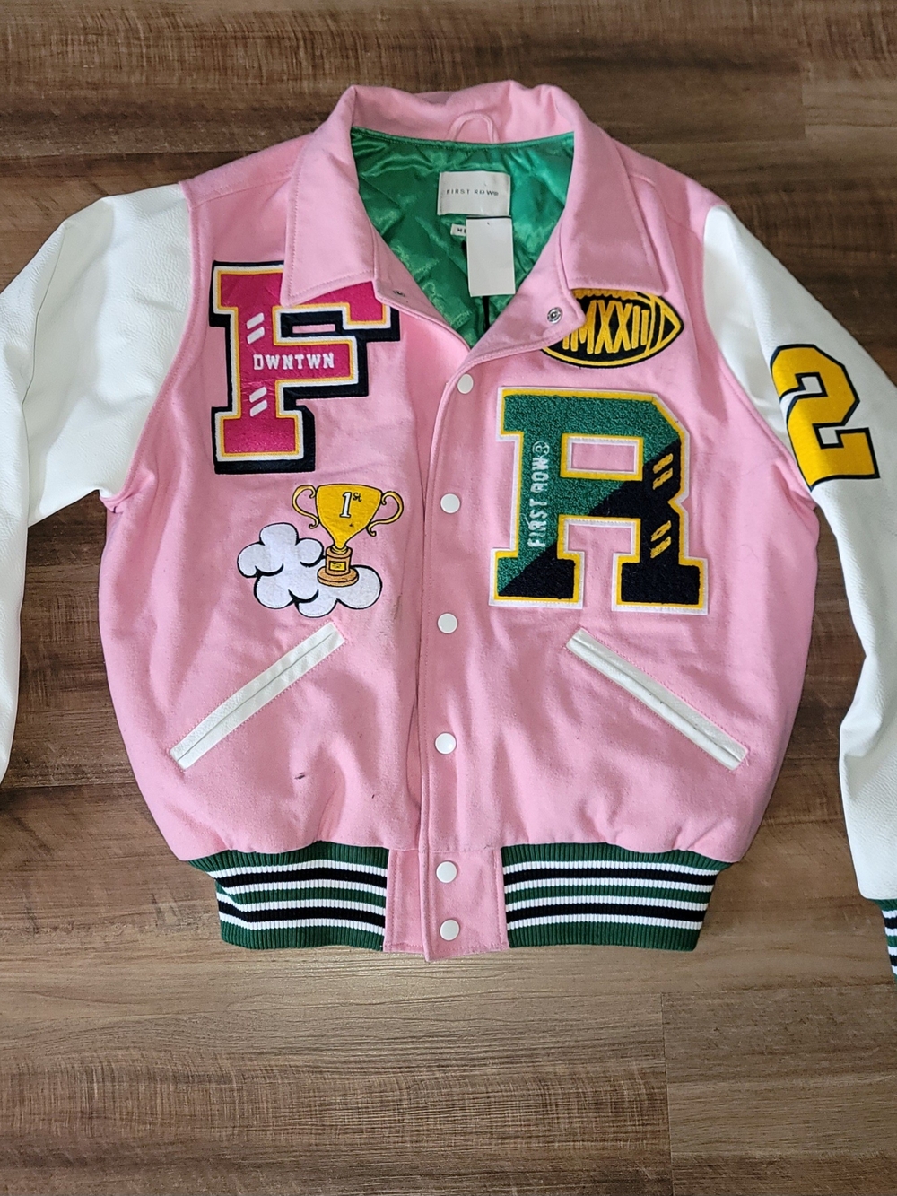 First Row Varsity Letter Contrast Patch Bomber Jacket Snap Pink Size Medium